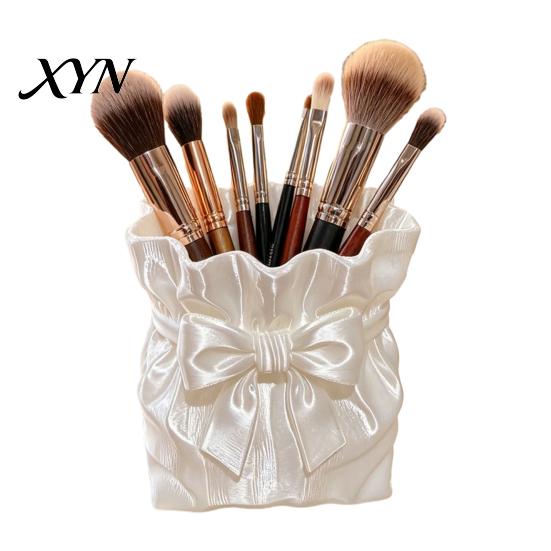 Bow Makeup Brush Holder Satin Bag Holder, 3D Printed Beauty Tool Organizer for Desk, Large Bowknot Pouch Pencil Storage Container Powder