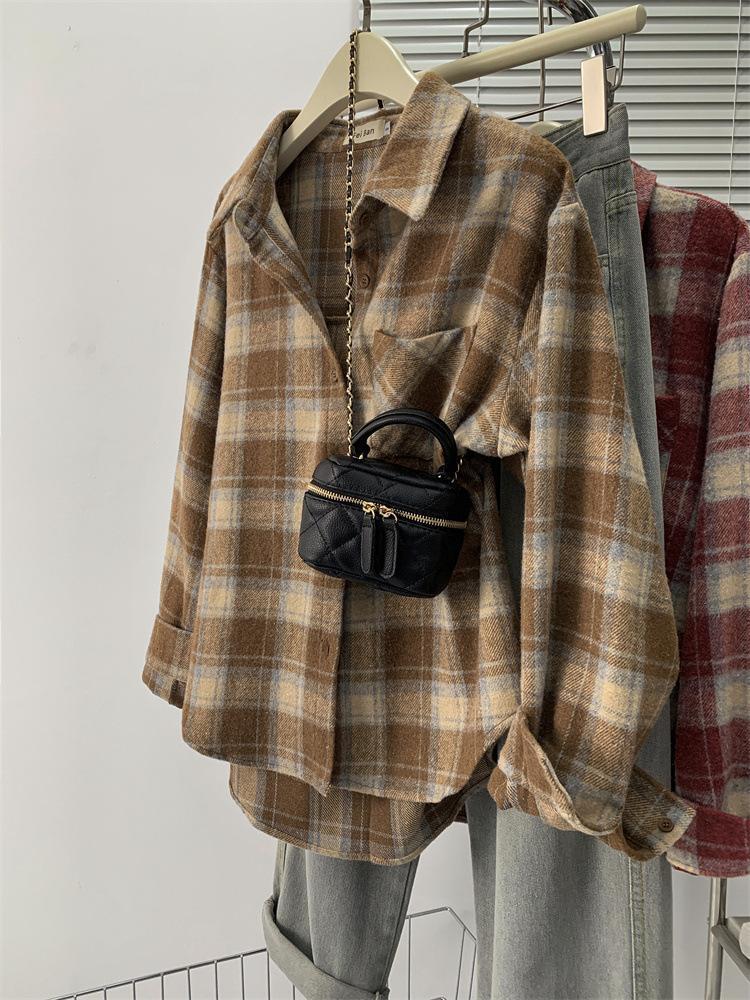 Women's Retro Red Plaid Brushed Shirt Jacket - Long Sleeve Casual Top for Autumn/Winter