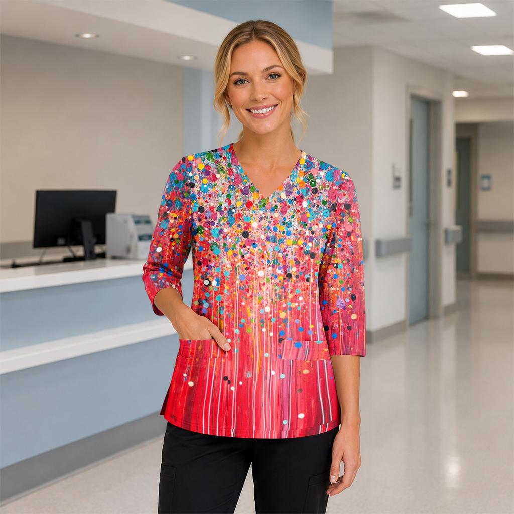 Women's Floral Print V-Neck Scrub Top with Pockets Side Slit Three-Quarter Sleeves