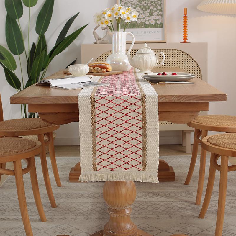 Tischfahne aus Baumwolle und Leinen zum Spleißen, zweifarbige gewebte Tischdecke mit Quaste, natürliches Material, Dekoration für den Homestay, pastorale Dekoration