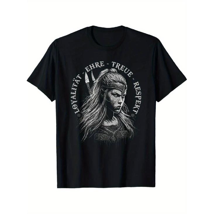 Men's Viking Norse Warrior T-Shirt - Valkyrie Female Warrior & Viking Axe/Shield Print, Norse Text, Casual Round Neck Tee Suitable for History
