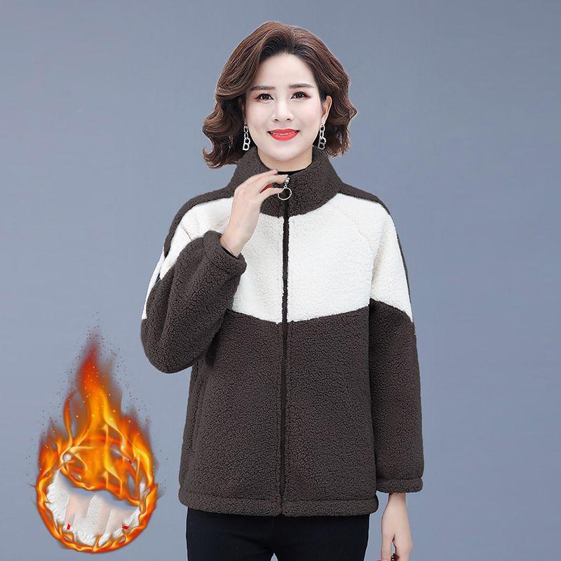 Stilvoller, verdickter Woll-Baumwollmantel mit Fleecefutter für ältere Frauen mittleren Alters, warme Baumwolljacke im Herbst und Winter, Rundhalsausschnitt