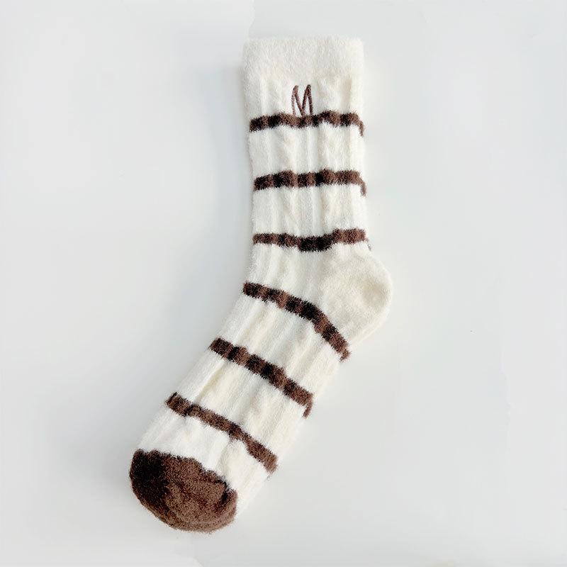 Female Autumn and Winter Thickened Warm Velvet Stripe Home Sleep Tube Socks
