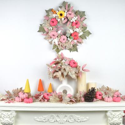 5.58ft Pink Fall Garland Artificial Maple Leaf Vine Garland with Pumpkins