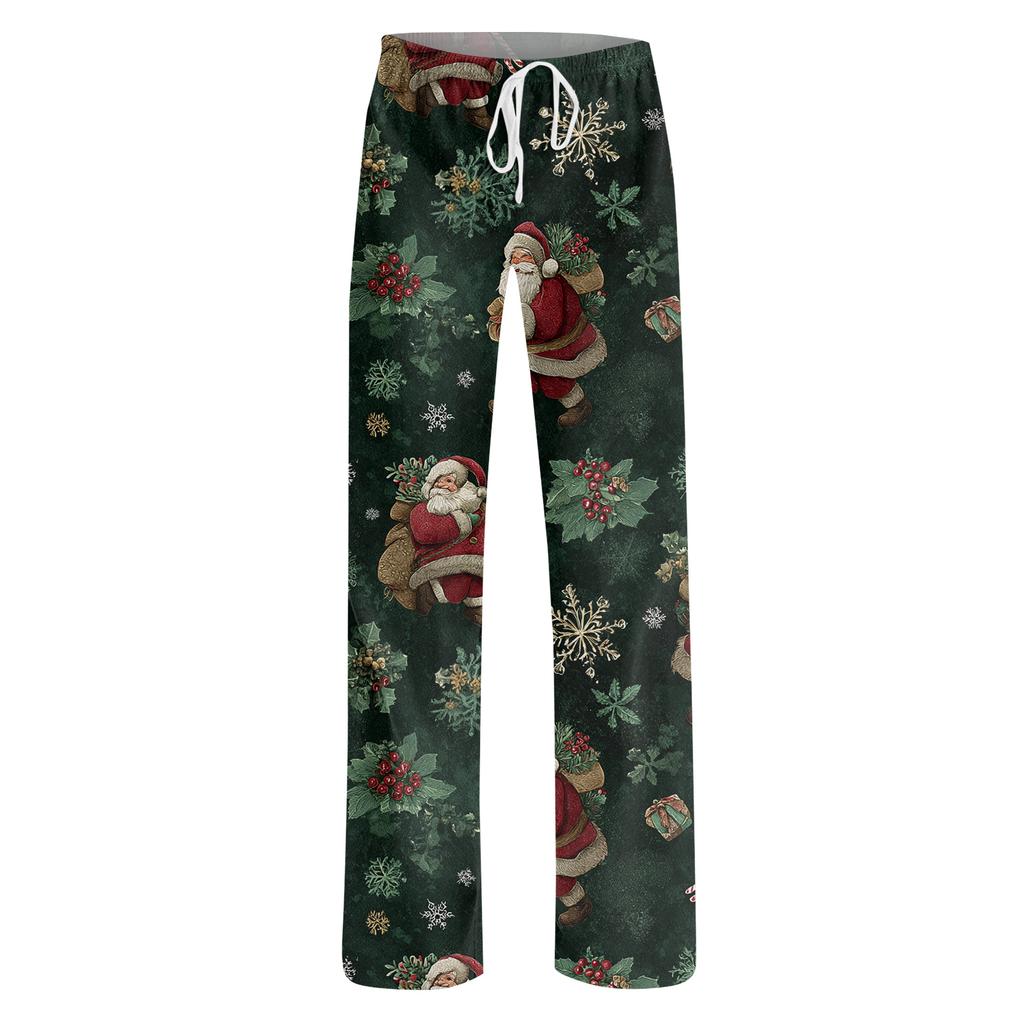 Ladies' Loose And Casual Christmas Printed Wide Leg Pants With Elastic Waistband Drawstring And Pocket Pants