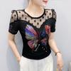 Lato Nowa Koszulka w Kropki Koronkowa Damska Błyszczący Motyl Gorące Diamenty Bling Designerskie Topy Eleganckie Wyszczuplające Damskie T-shirty
