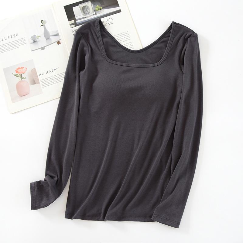 Women's Square Neck Long Sleeve Top with Built-in Bra Pads - Slim Fit for Early Autumn/Spring/Winter