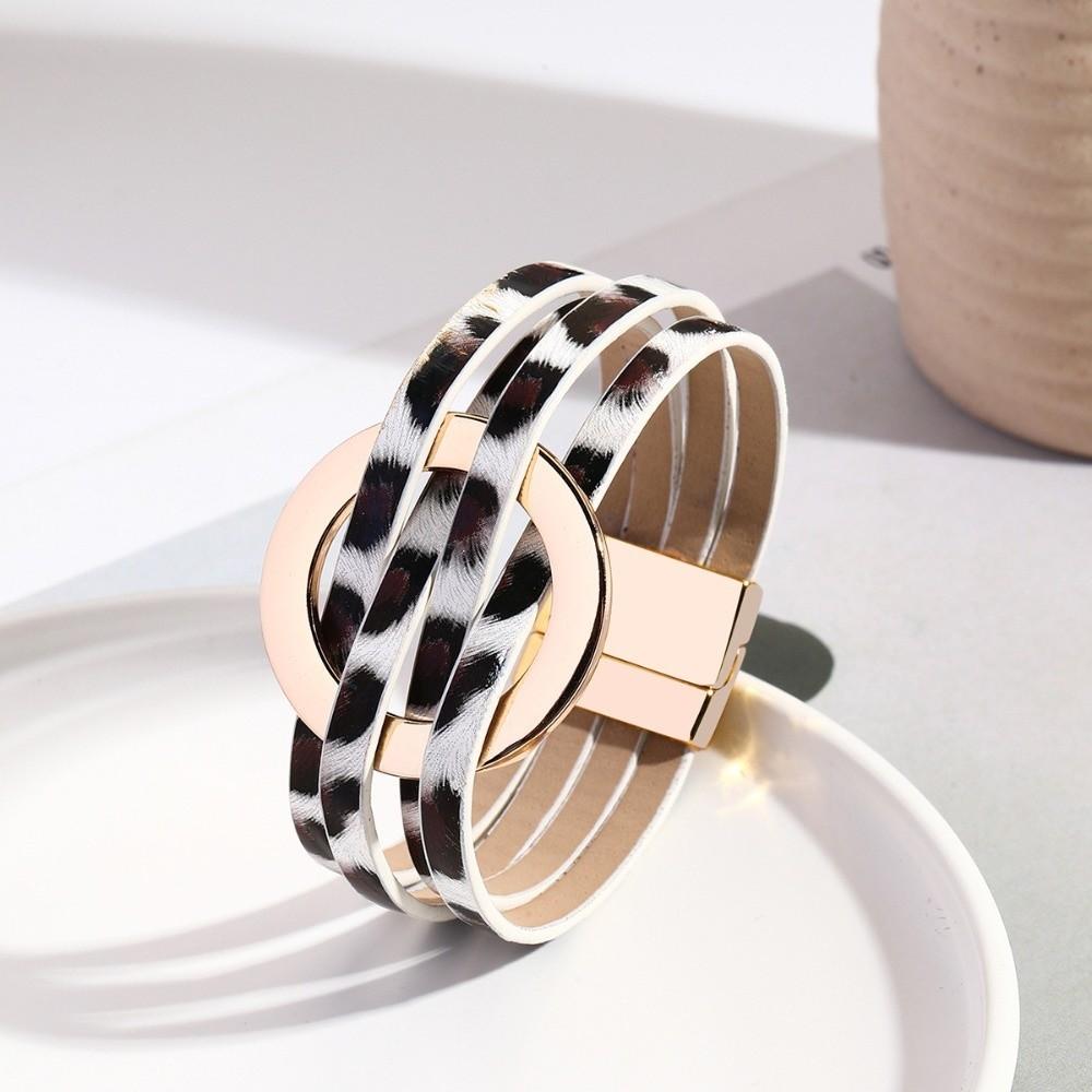 Wide Wrap Leopard Print Leather Bracelets Magnetic Snap Circle Cross Bracelet  for Women