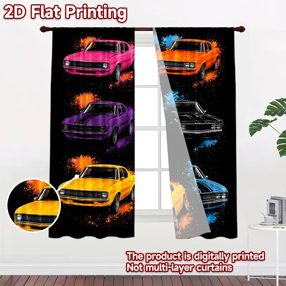2D Flat Printing 2pcs Curtain Party Window Curtains Colorful Classic Cars Digital Printed Polyester Drapes Festive Curtains