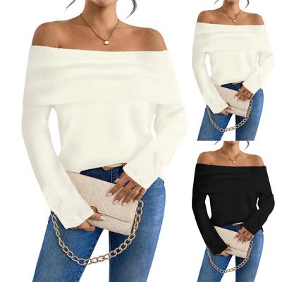 Top de Suéter Tricotado Feminino de Cor Sólida, Ombro Único, Slim e Fashion, Manga Longa