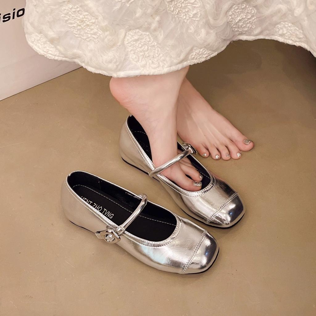 Silver single shoes women's shoes 2025 new spring and summer light mouth retro Mary Jane ballet evening gentle temperament small leather shoes