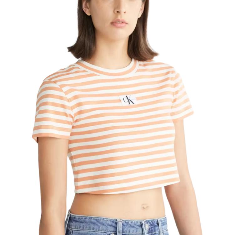 

Calvin Klein Полосатая футболка с круглым вырезом и коротким рукавом, женские топы цвета слоновой кости, тропический-оранжевый J20J222196-YBI S
