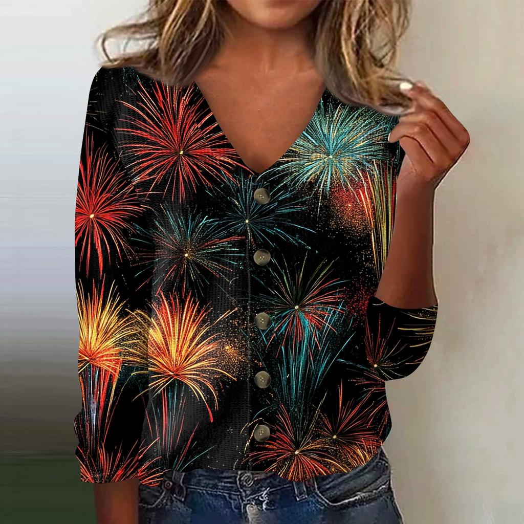 Women's Fashion Print Long Sleeve Knitted Cardigan Button Up Jacket