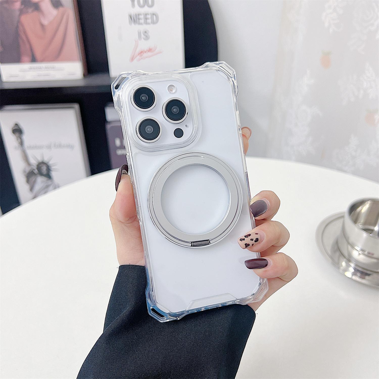 

For iPhone 16 Pro Max Magnetic Case Ring Kickstand TPU+PC Phone Cover Transparent