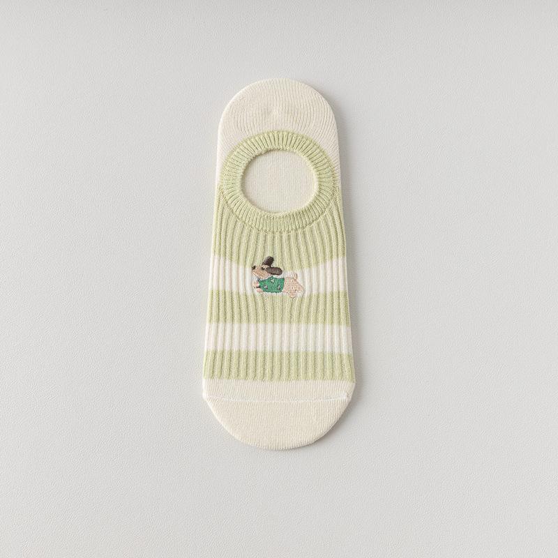 

5pair Double Needle Light Mouth Socks Children Spring And Summer Thin Striped Short Tube Boat Socks Japanese Cute Dog Embroidered Invisible Socks One size fits all
