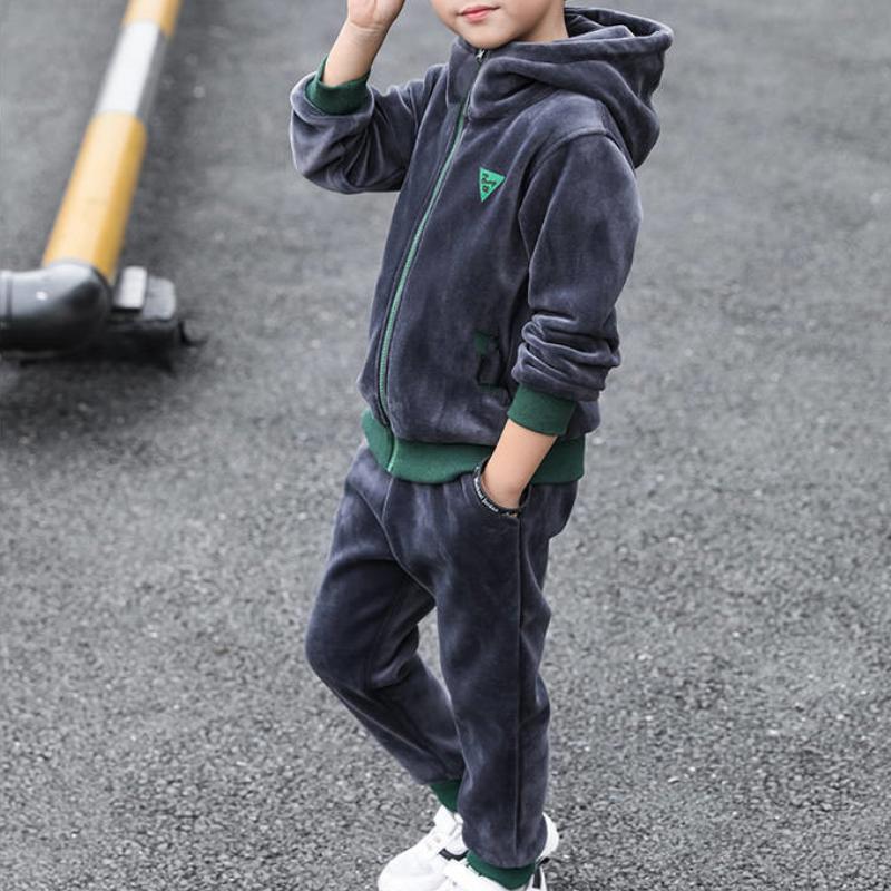 Children Clothing Set Double-sided Velvet Autumn Winter Fashion Letter Hooded 2PCS Hoodies Coat +Pants Kids Boys Tracksuit