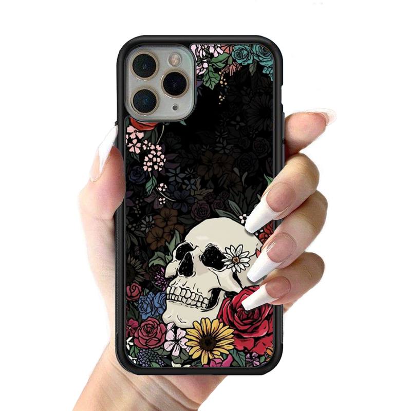 Skeleton Skull Flowers Phone Case Silicone PC+TPU Case for iPhone 11 12 13 Pro Max 8 7 6 Plus X SE XR Hard Fundas