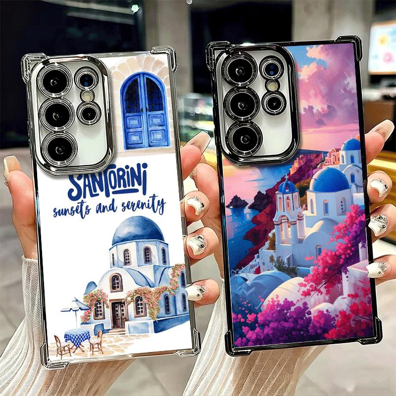 Santorini Greece Summer Plating Phone Case For Samsung Galaxy S24 S25 FE S26 Edge S23 Ultra S22 S21 Plus S20 Anti-Fall Airabag C