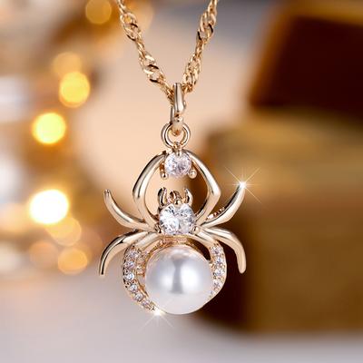 Collana con ciondolo in perla imitazione ragno punk per donna, colore oro, gioielli da festa per matrimonio