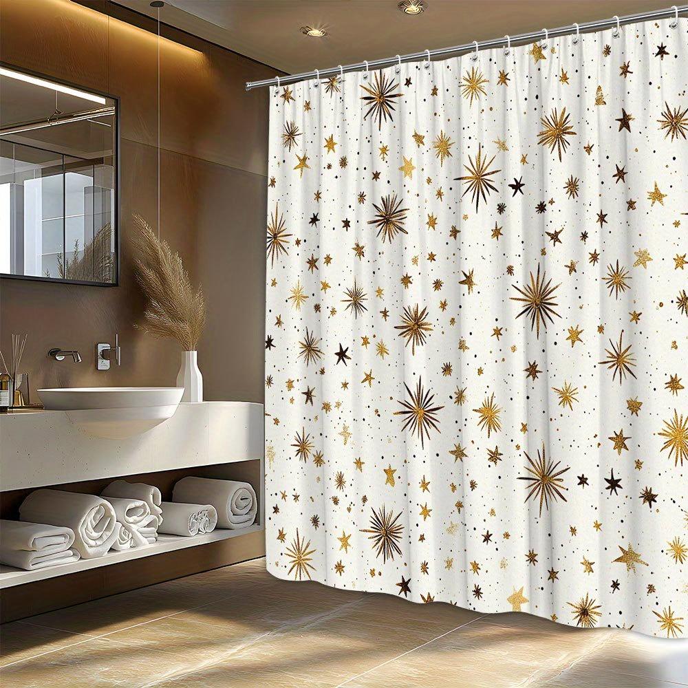 1pc Starry Night Shower Curtain, Golden and Brown Metallic Stars on Cream Background, Whimsical Celestial Design