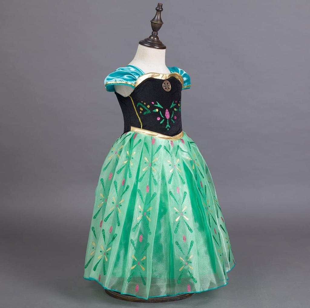Kids Princess Elsa Dress Costume Frozen Elsa Dress Luxury Set Green Heart Magic Braided [YITING] 5-Piece - (Princess Dress, Tiara, Wand, Gloves, Wig)