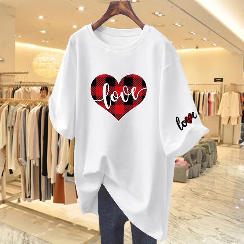 

2025 новая летняя футболка женская из чистого хлопка с коротким рукавом средней длины с принтом любви свободного кроя оверсайз футболка S