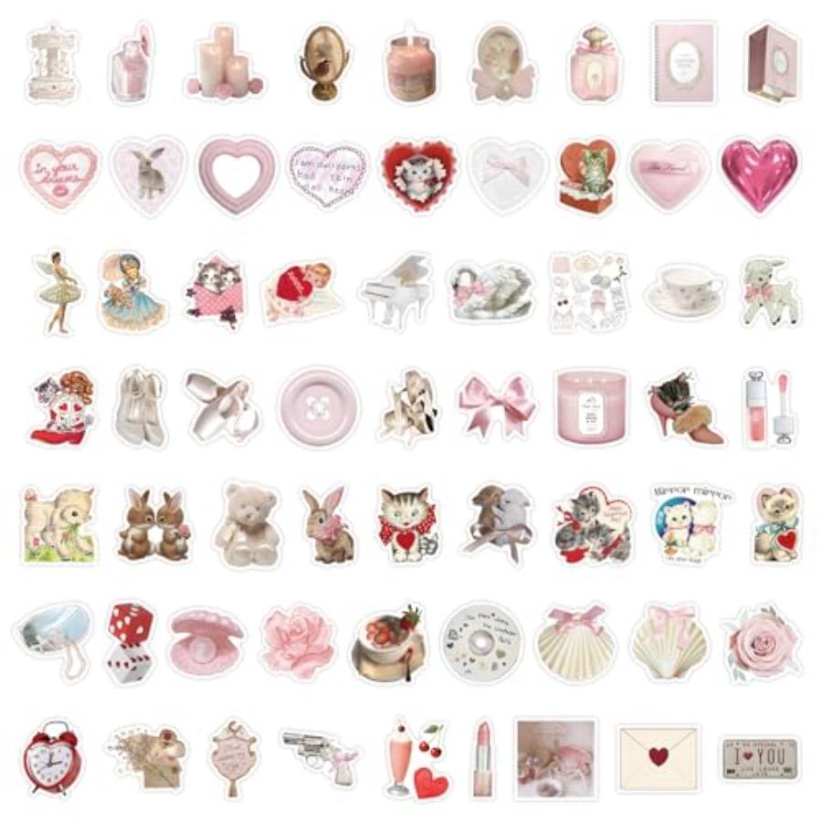 60pcs Coquette Stickers for laptops water bottles phones guitars; vinyl waterproof pink aesthetic stickers with cute design