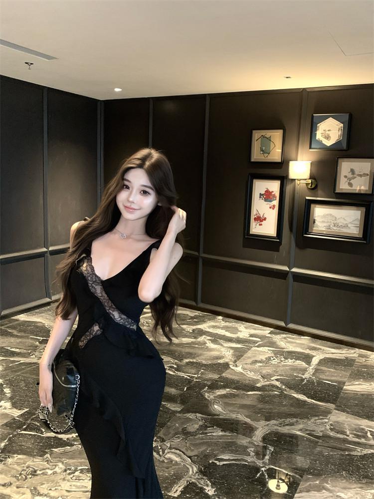 Women's Pink Ruffled Lace Patchwork Mermaid Hem Camisole Dress – Slim Fit Summer Long Dress