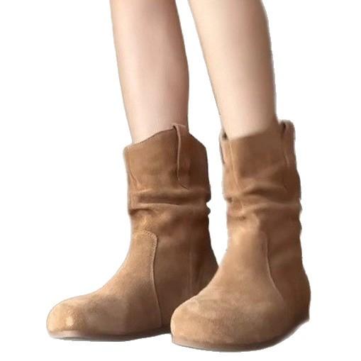 Early autumn retro small short boots children's new autumn and winter piled thick cotton boots Martin boots flat-bottomed stacking boots camel