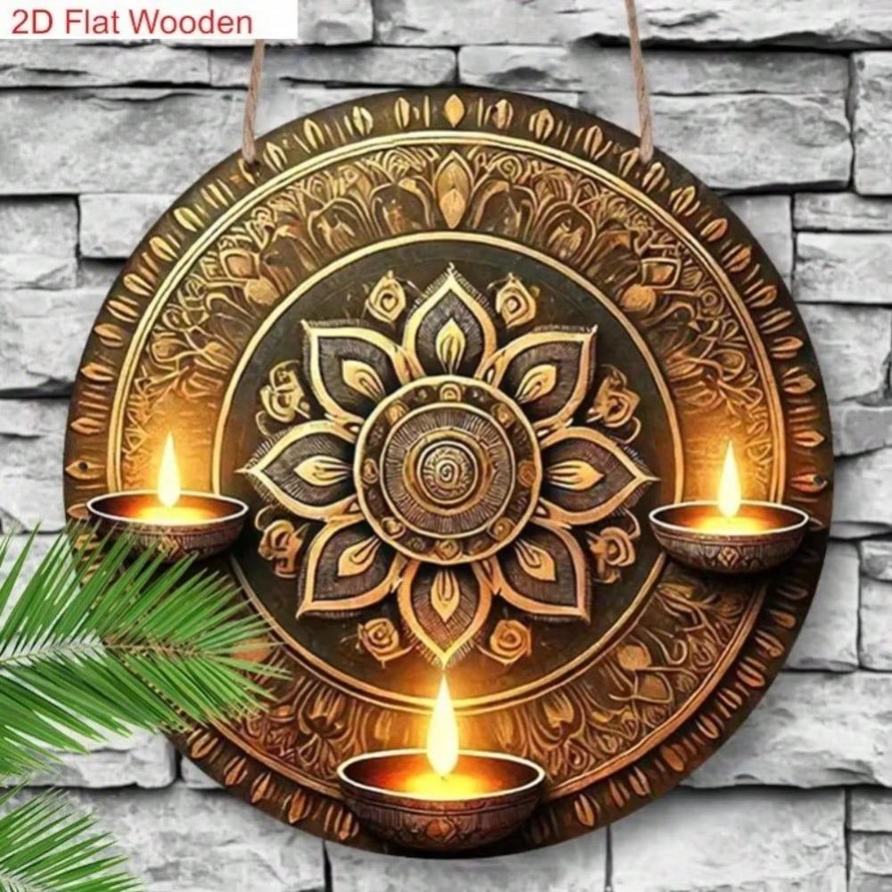 Flat Traditional Oil Lamp Diwali Metal Sign Wall Art for Home Decor