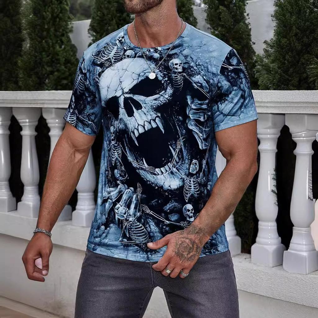 Summer Round Neck 3D Skull and Skeleton Graphic Print Top Fashionable Casual Short Sleeved Men's T-shirts