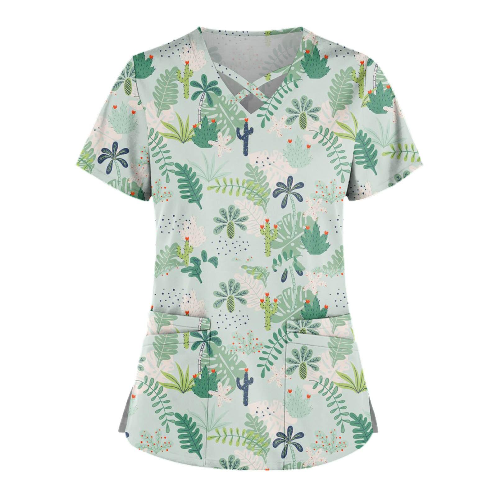 

Робоча уніформа великого розміру з принтом і принтом. Топи для жінок з хрестовим V-подібним вирізом і короткими рукавами. Веселі футболки. Робочий одяг. Футболка з подвійними кишенями. XXXL зелений