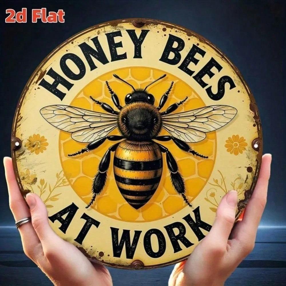 Bees Rustic Metal Wall Art Decor 2D Round Honey Bee Sign Weather Resistant For Indoor Outdoor Farm House