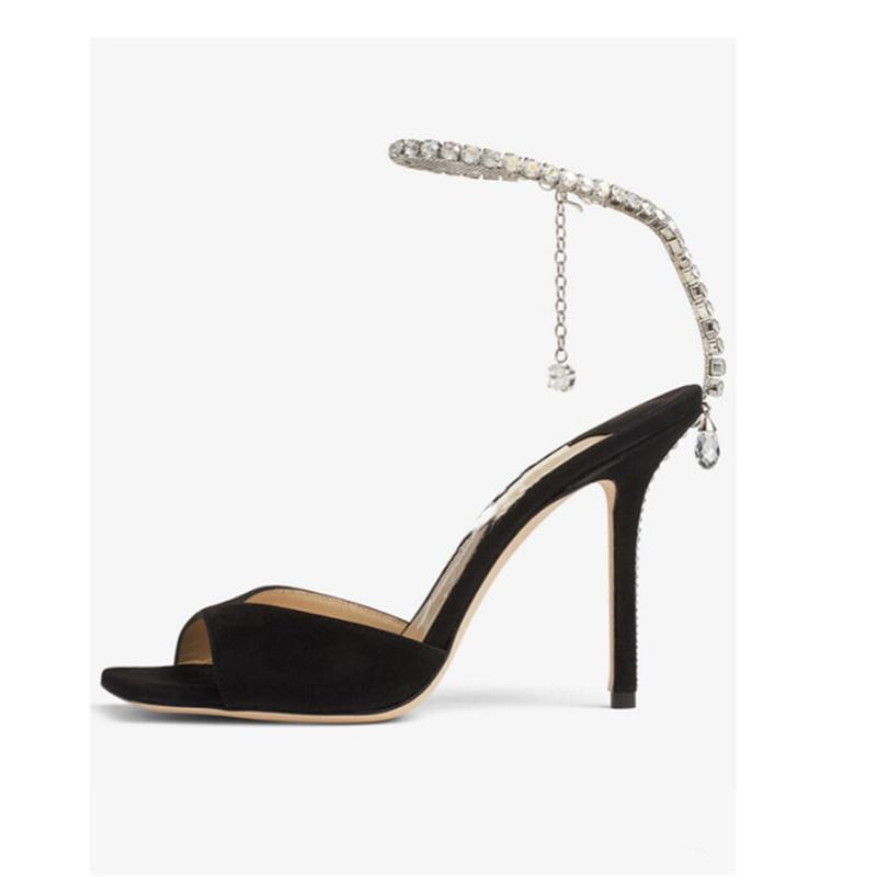 Fashion Colorful Chain Water Diamond Sandals Brand Walk Show Fish Mouth Evening Dress Elegant High Heels 2025 New Pendant Women's Shoes