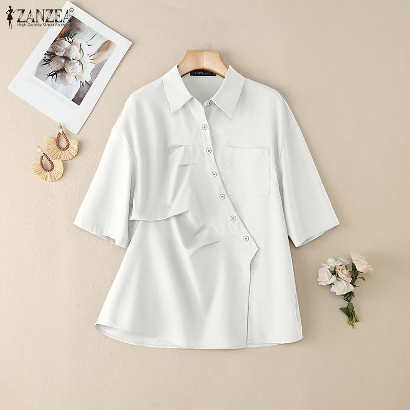 ZANZEA Dámská ležérní letní halenka s krátkým rukávem a odhaleným límcem