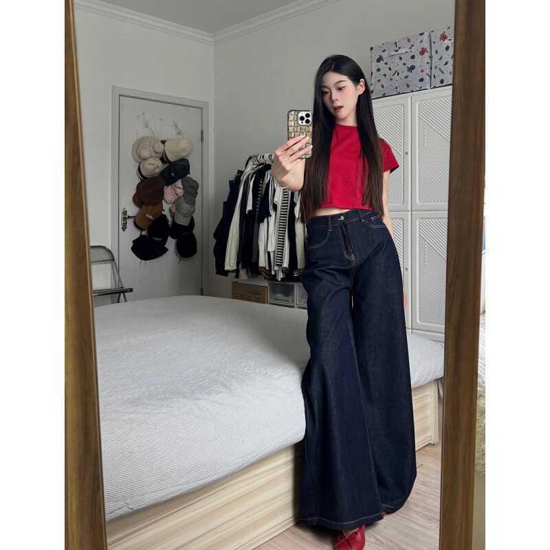

Women s Tall Dark Blue High-Waisted Wide-Leg Jeans L