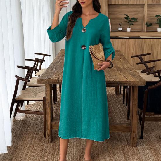 Sommer Baumwollkleid für Damen Langarm V-Ausschnitt Fließendes Langes Kleid Lässig Strandurlaub A-Linie Sommerkleid