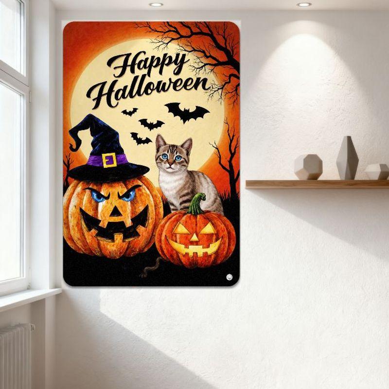 Halloween Tin Sign Spooky Moon Tree Bats Pumpkins Cat Decor Metal Wall Art for Home Bar Pub Decoration 8x12 Inch