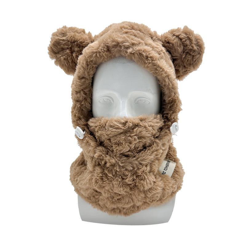 

Осень и зима новая шапка-шарф с мишкой, интегрированная женская зимняя теплая шапка-пуловер, универсальный плюшевый велосипедный капюшон для защиты от холода M（56-58cm）