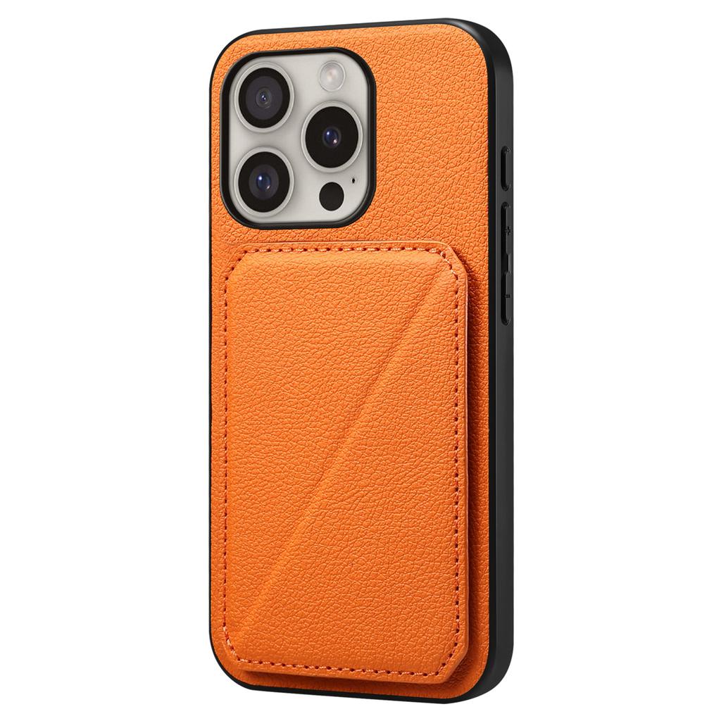 DENIOR D04 For iPhone 16 Pro Case Card Holder Kickstand Leather Coated Phone Cover