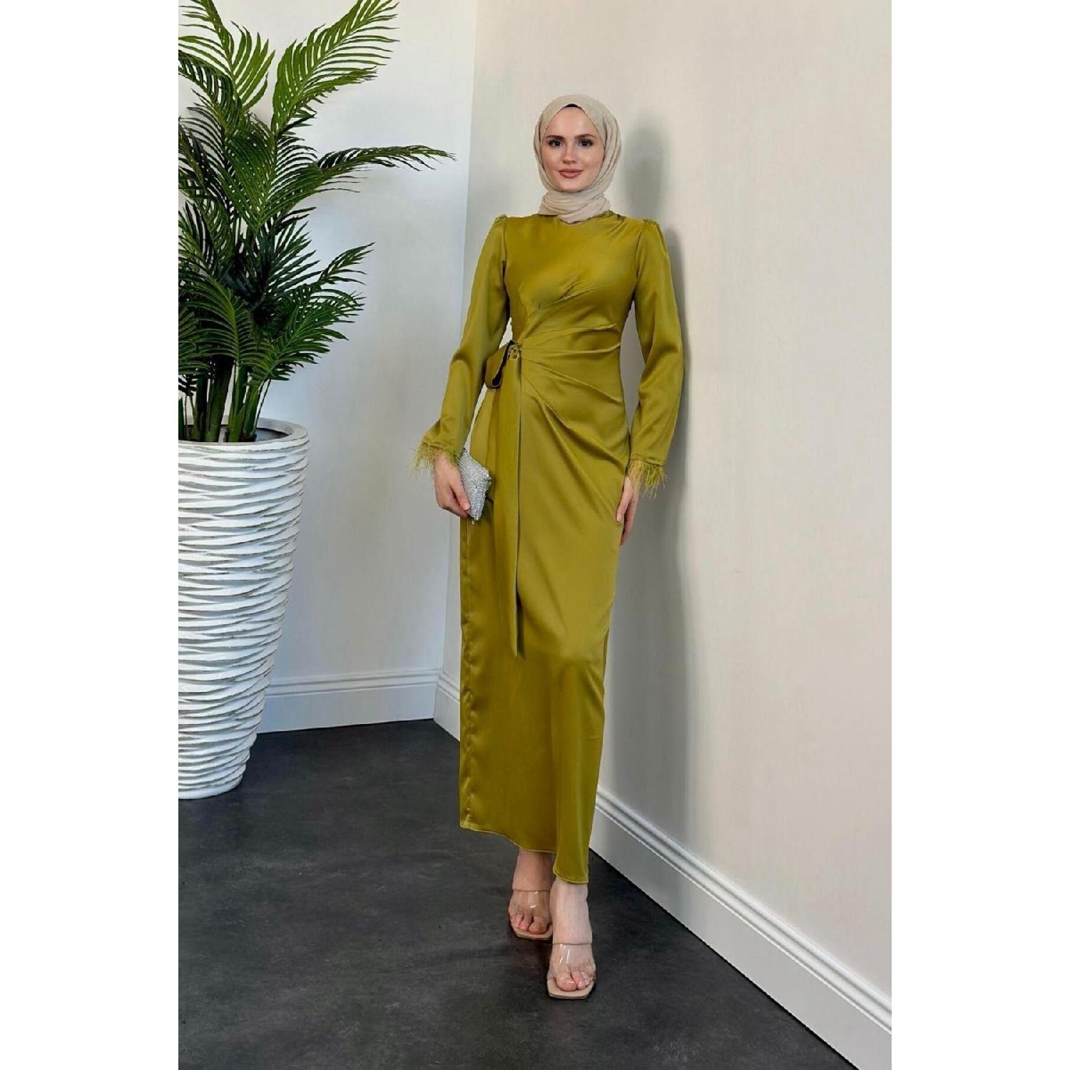 

Satin Evening Dress With Sleeve Fringes, Oil Green 36