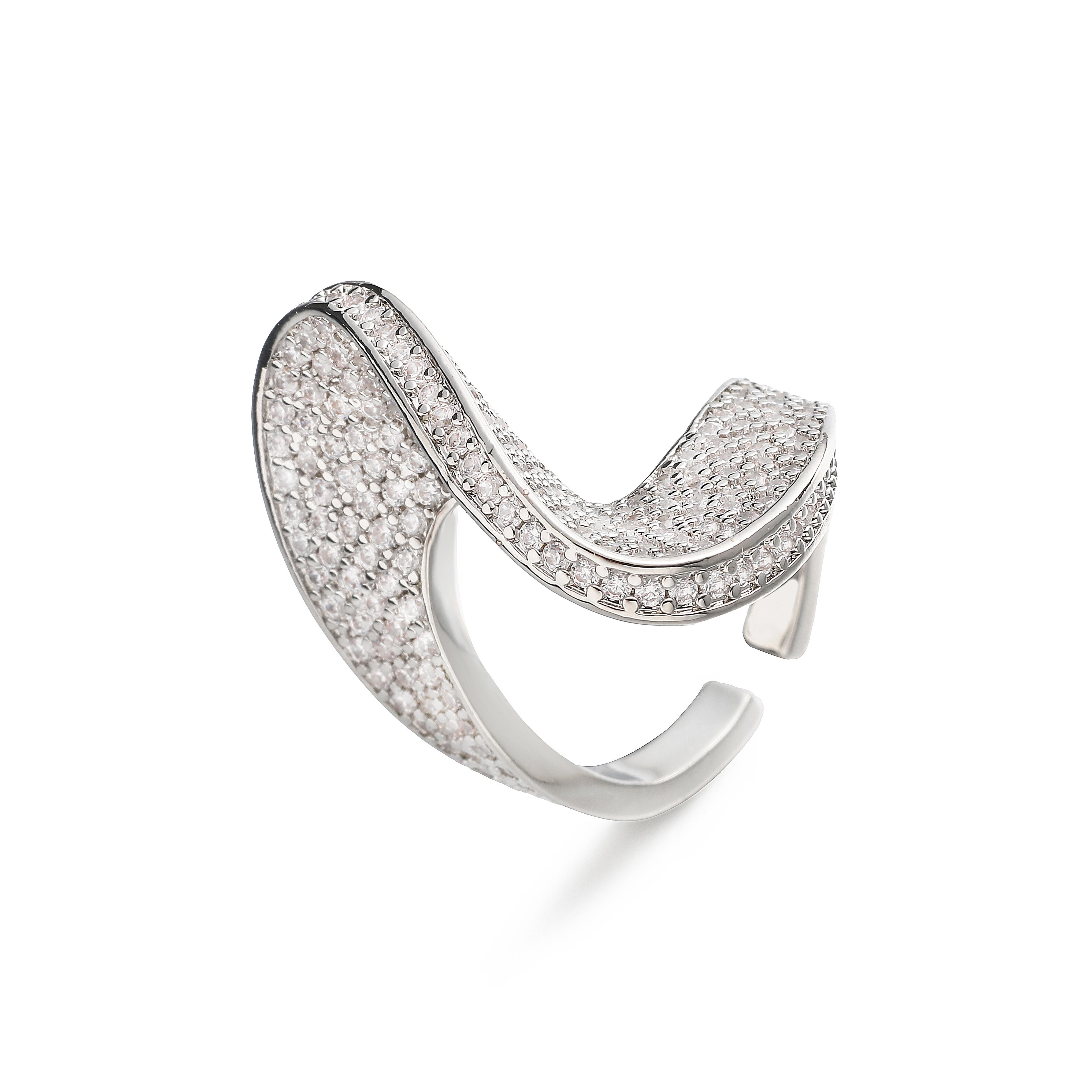 

Eccentric Wave Niche Style Subtly Set Zirconia Sparkling Unisex Jewellery Ring with Adjustable Opening, Brass Metal Accessory resizable