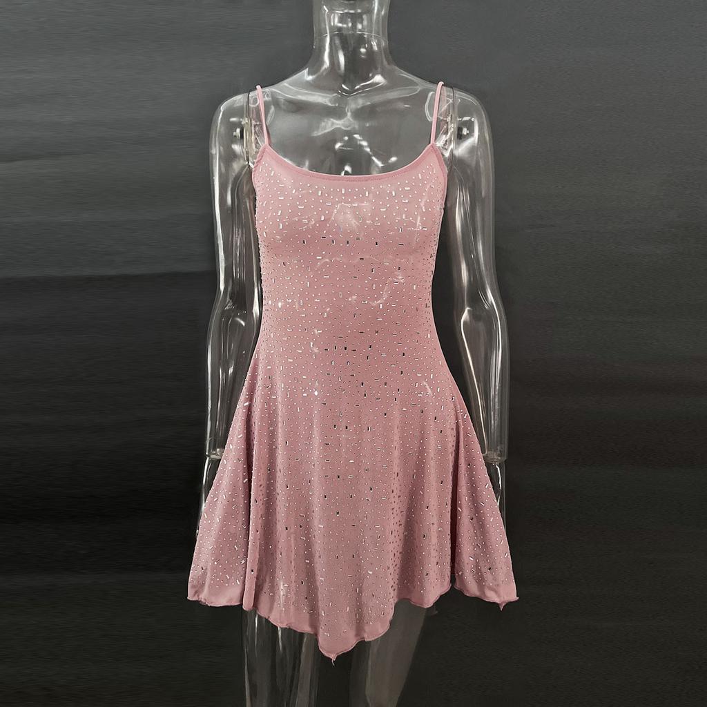 Party Rhinestone Semi Transparent Suspender Short Dress