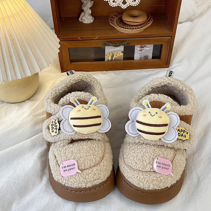 2025 Winter New Cute Fun Little Bee Parent-child Cotton Slippers Non-slip and Velvet Warm Loafer Beanie Shoes Women