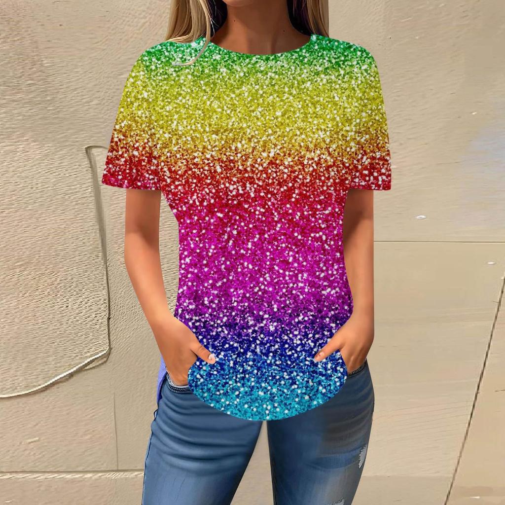 Summer Round Neck 3D Gradient Glitter Print Top Fashionable Casual Short Sleeved Women's T-shirts