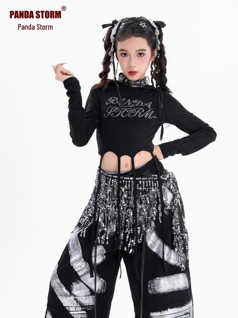 Girls' Sparkly Jazz Dance Long-Sleeve Outfit: Fashionable Street Dance T-shirt & Pants Set
