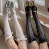 Calze autoreggenti a rete da donna Lolita stile giapponese a righe a cuore con pizzo fantasia calze lunghe sopra il ginocchio con volant e fronzoli Kawaii