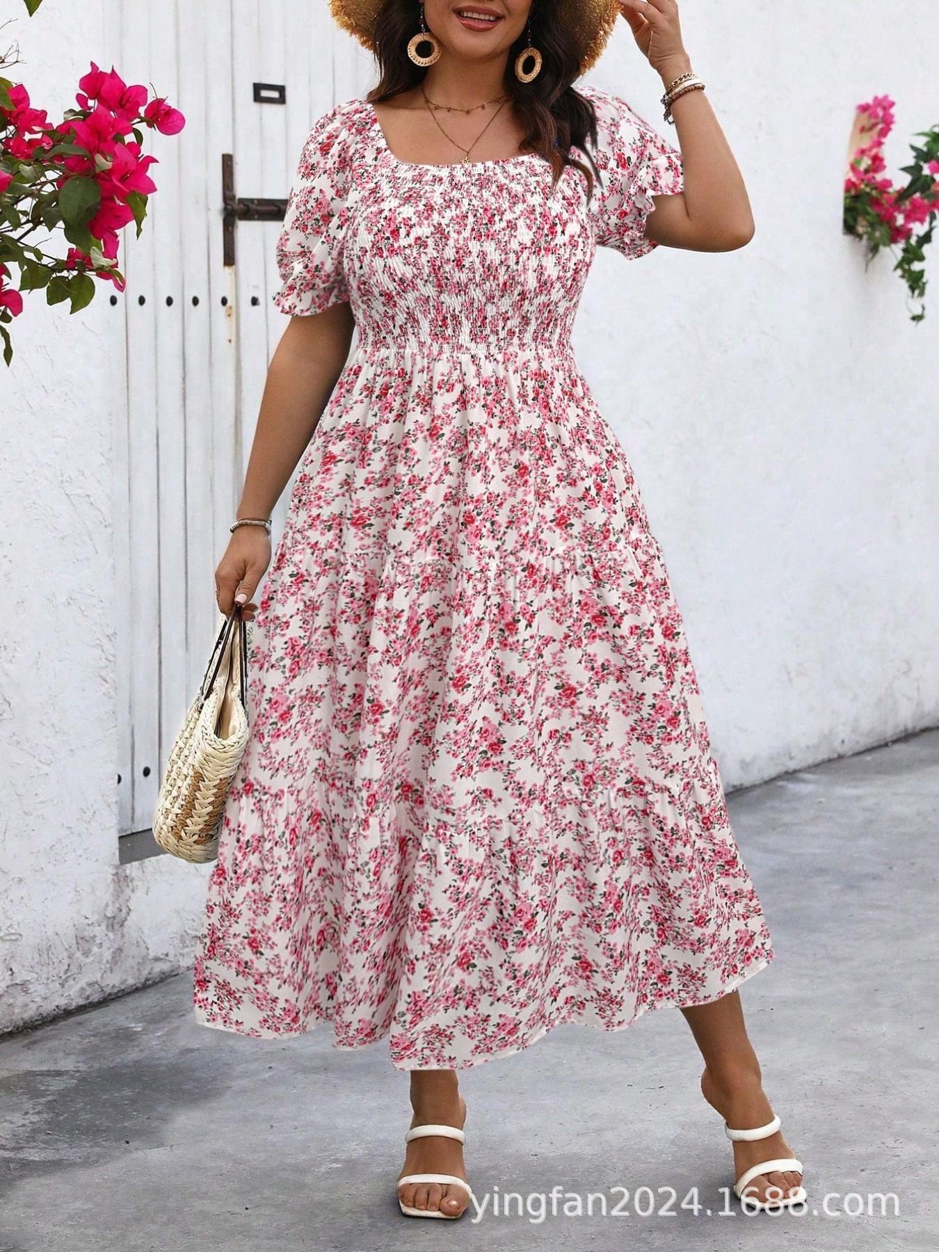 Plus Size Floral Square Neck Puff Sleeve Dress for Women 1XL