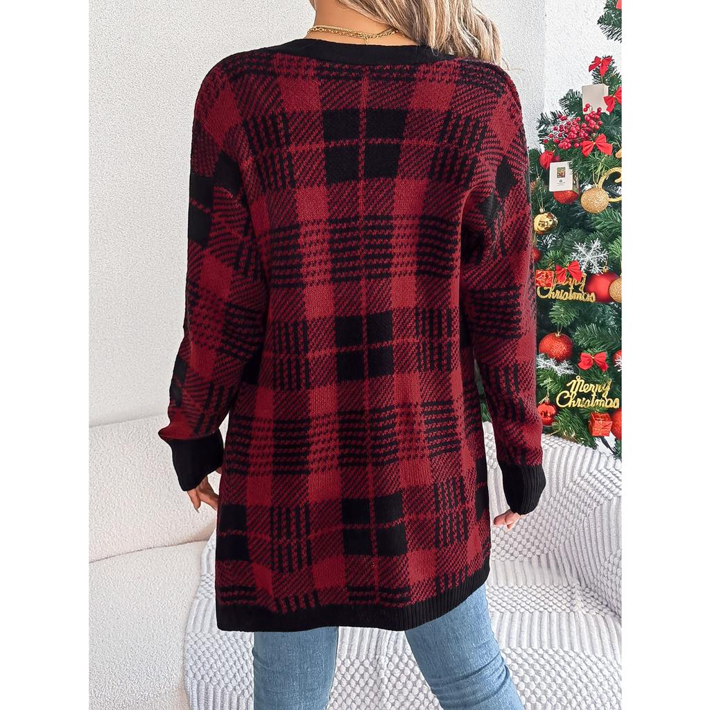 QICED Autumn and Winter Casual Color-blocking Checkered Pocket Long-sleeved Cardigan Sweater Jacket for Christmas Women's Wear