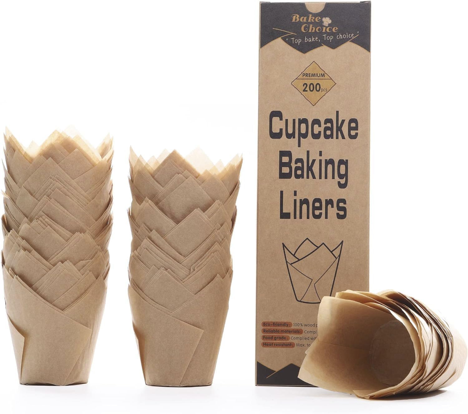 Bake Choice 200pcs Natural Tulip Cupcake Liners for Baking Cups Unbleached European Parchment paper Tulip Muffin Liners, Cupcake Wrapper for Party,